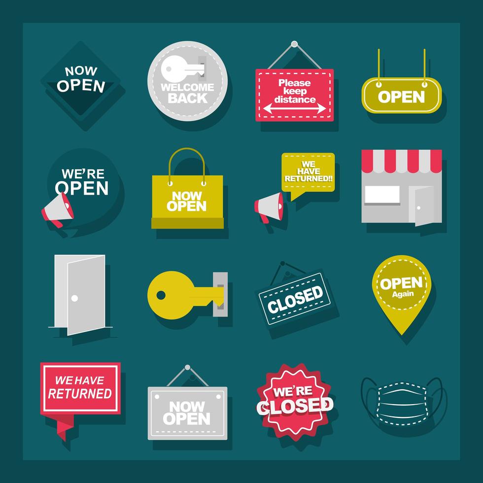 collection welcome back opening returned and others sign boards flat icons vector