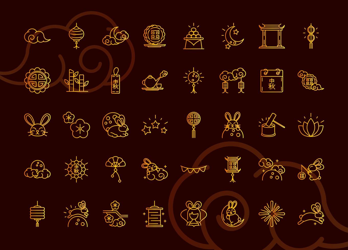 happy mid autumn festival chinese celebration traditional gradient icons set dark background vector