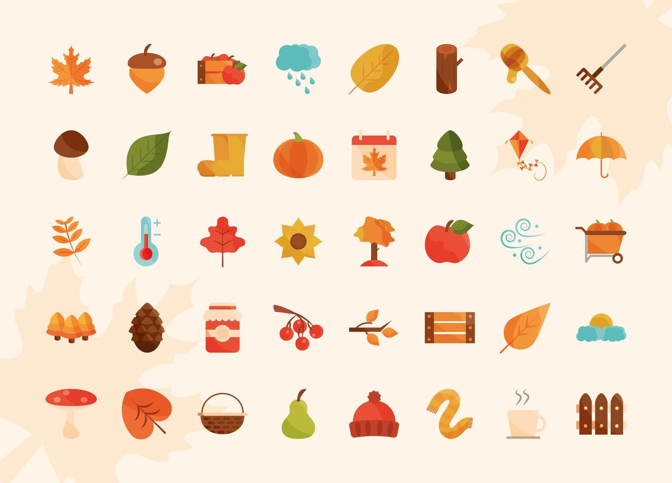 autumn season weather acorn apple cloud rain truck icons set vector