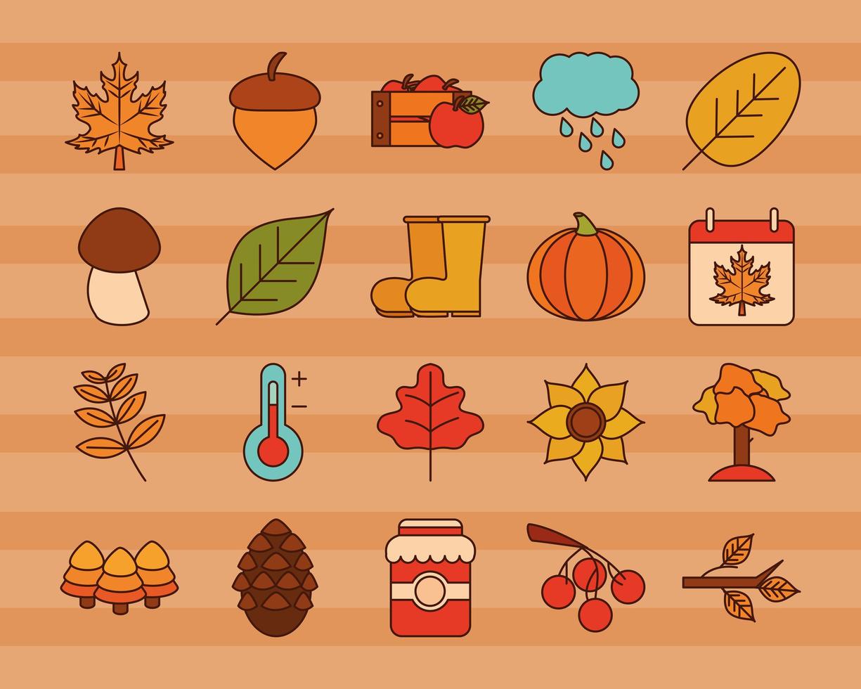 autumn season weather icons set stickers line and fill vector