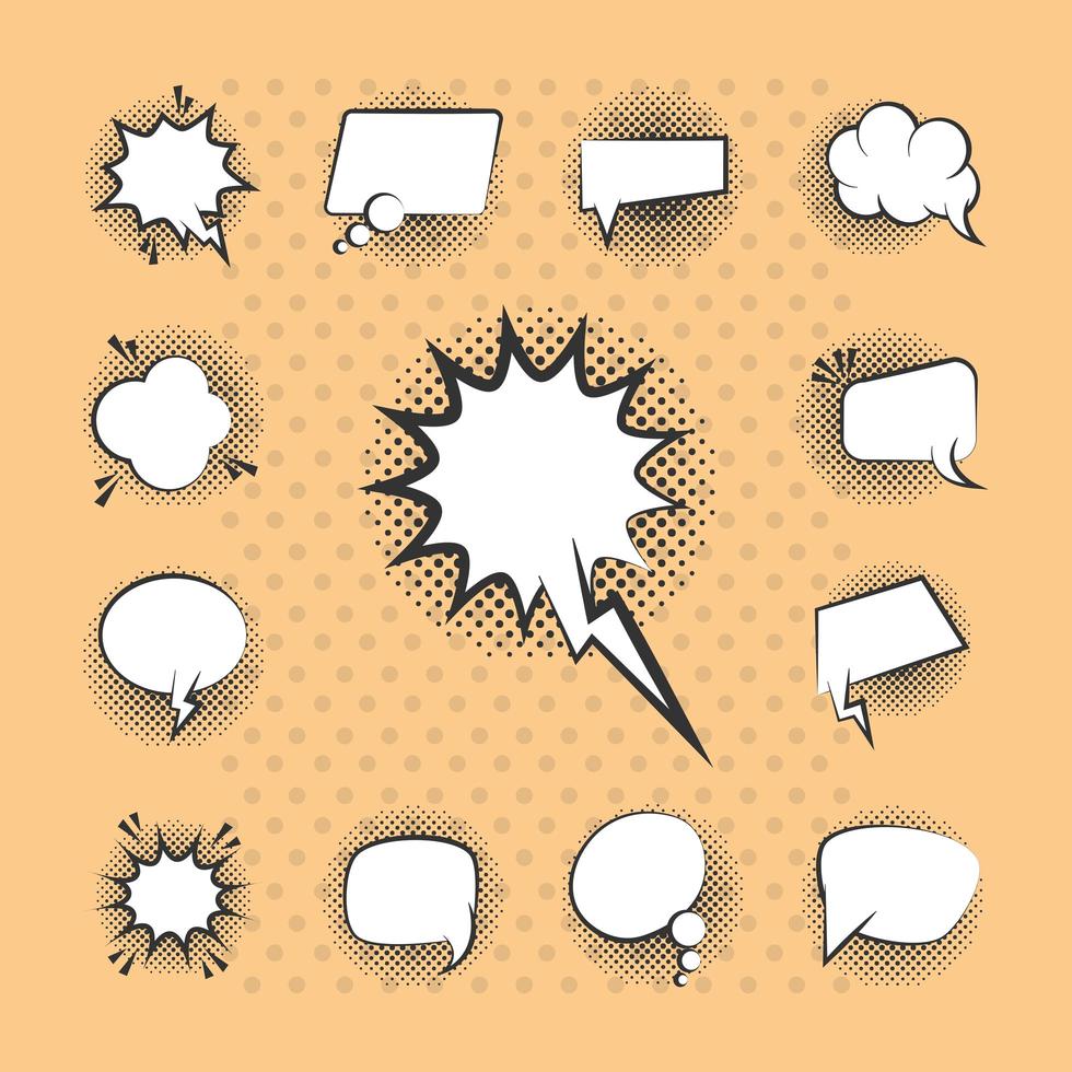 pop art retro comic empty speech bubbles line style icons set vector