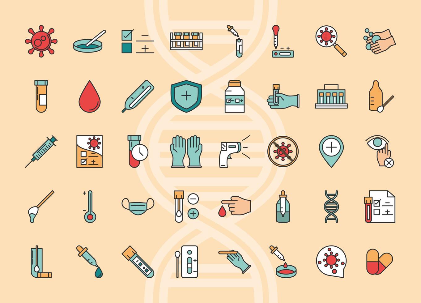 coronavirus covid 19 diagnostics research medical equipment test sample and results line and fill collection icons vector