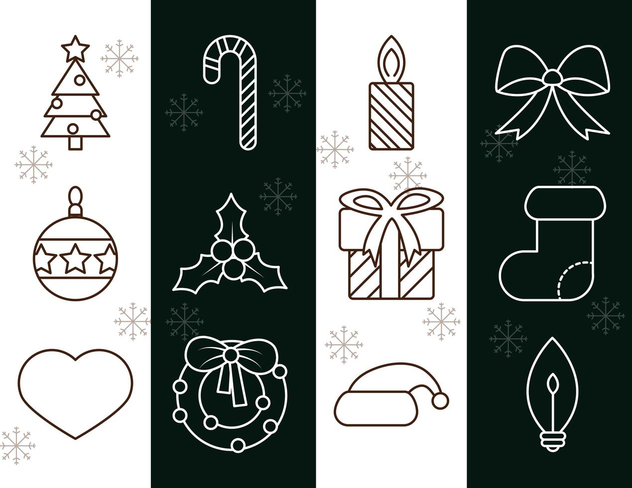 happy merry christmas decoration ornaments season celebration festive line icons set style vector