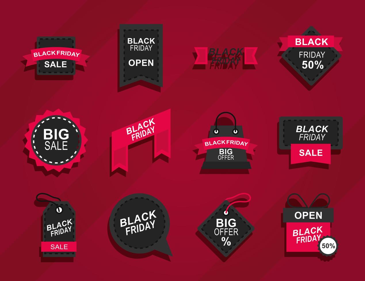 Viernes negro anuncia iconos de oferta de descuento de temporada sobre fondo rojo estilo plano vector