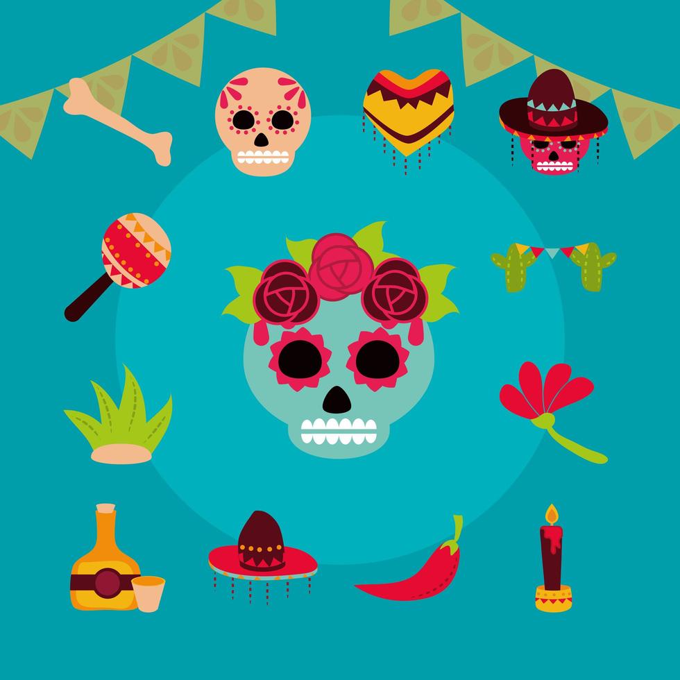 día de los muertos celebración mexicana decoración ornamento fondo verde iconos estilo plano vector