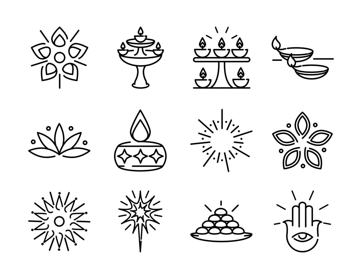 happy diwali india festival deepavali religion line style icons set vector