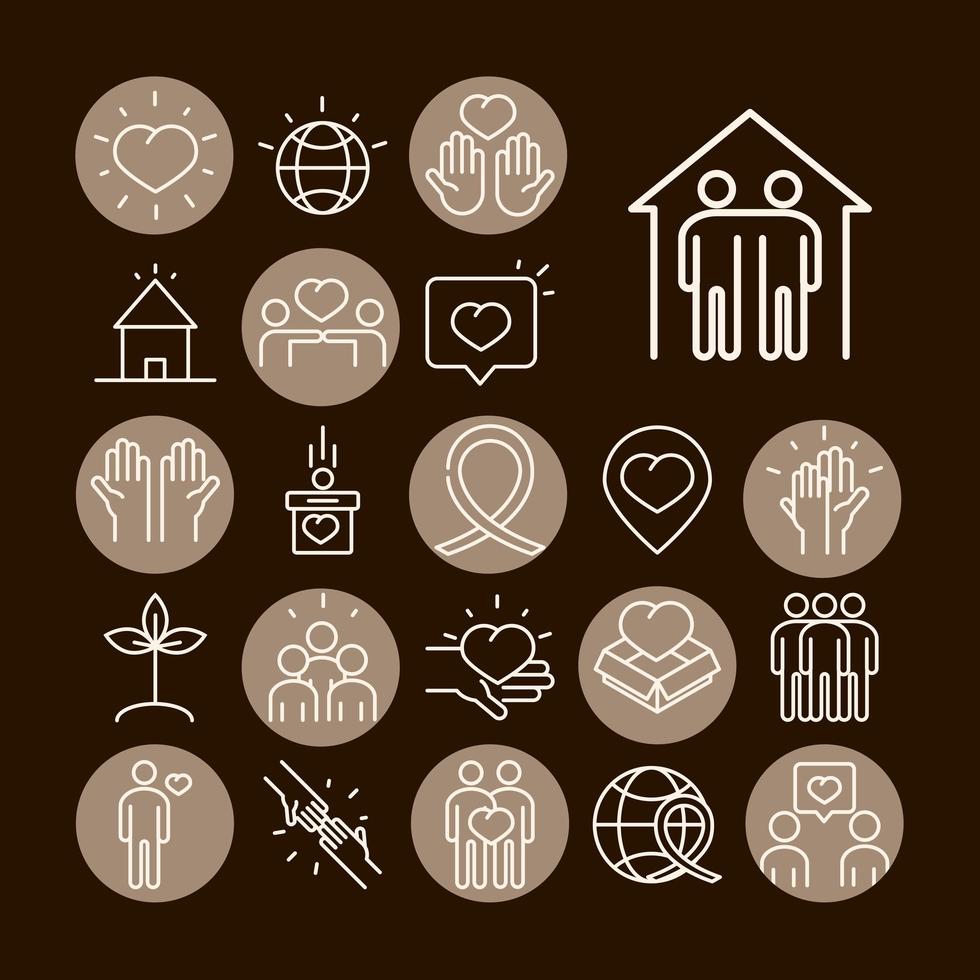 community together charity donation and love line icons set black bacground vector