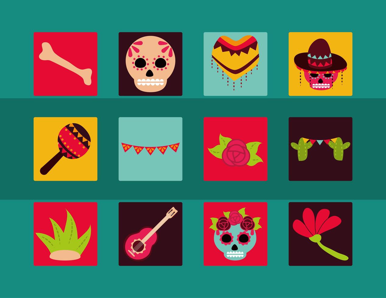 día de los muertos celebración mexicana decoración adorno iconos tradicionales estilo plano vector