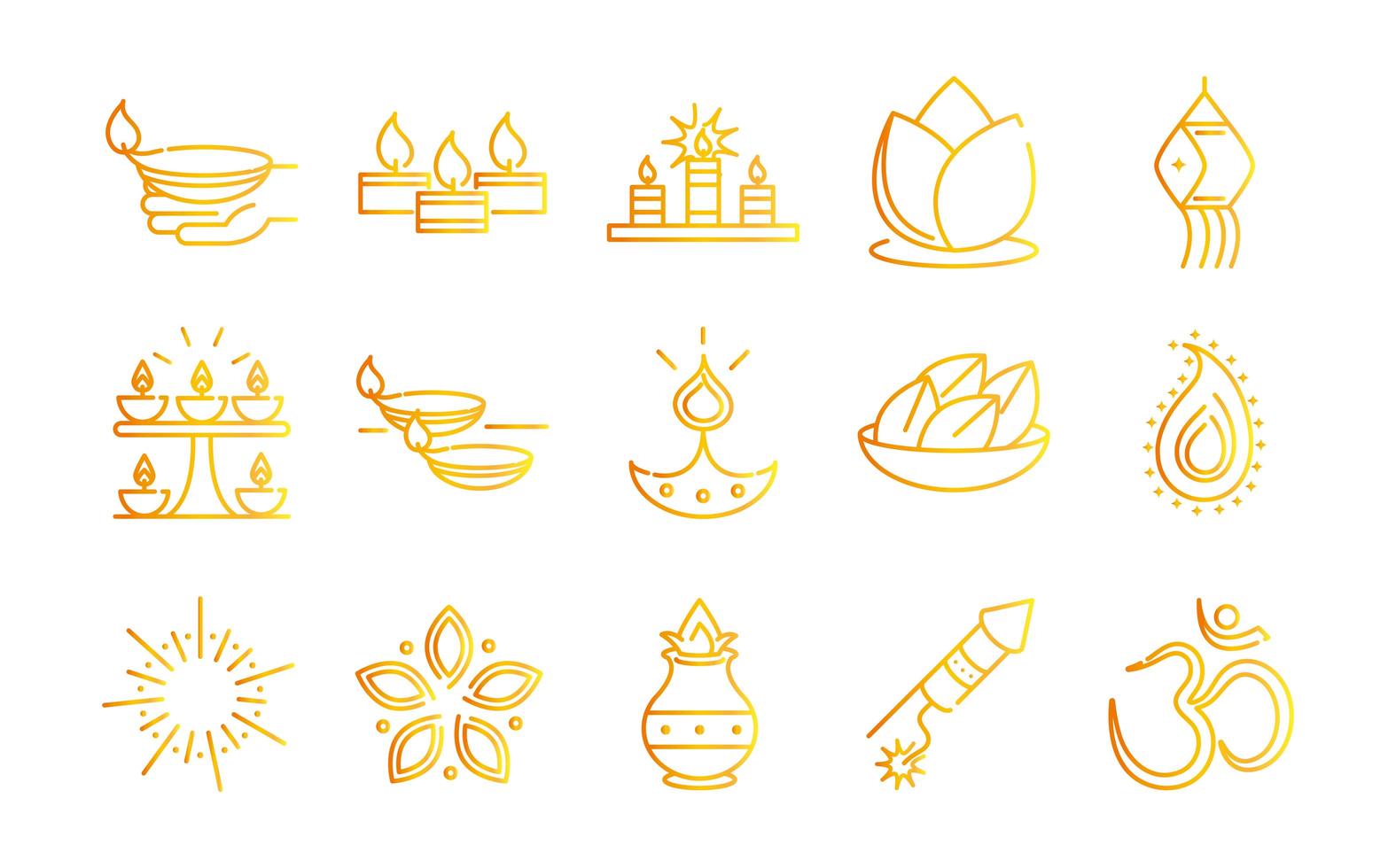 happy diwali india festival deepavali religion event gradient style icons collection vector