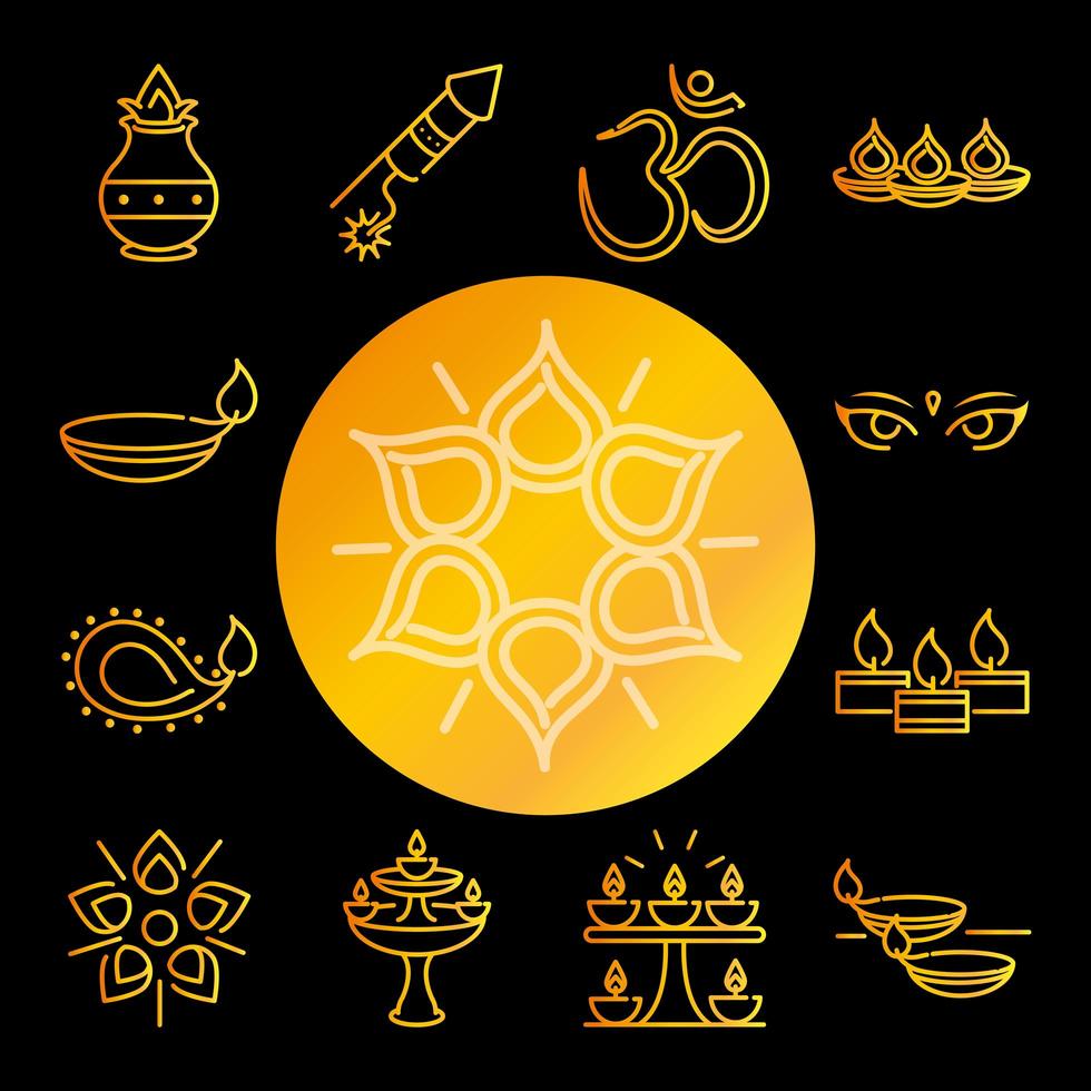 happy diwali india festival deepavali religion event gradient style icons vector