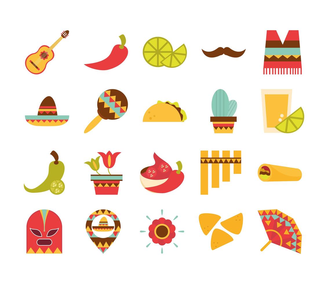 Conjunto de iconos mexicanos celebración decoración festiva diseño plano vector