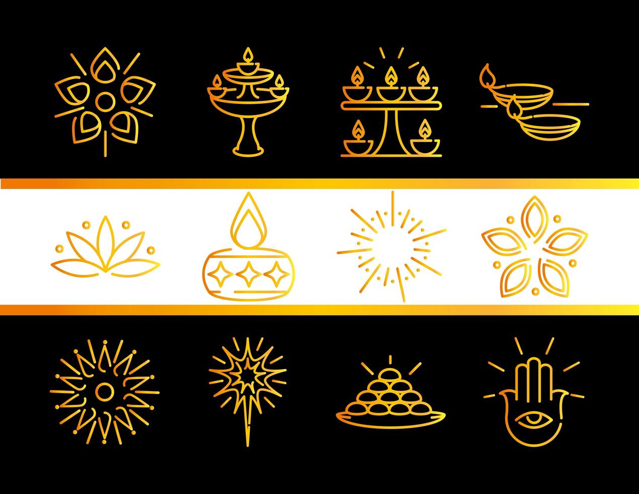 happy diwali india festival deepavali religion gradient style icons set vector