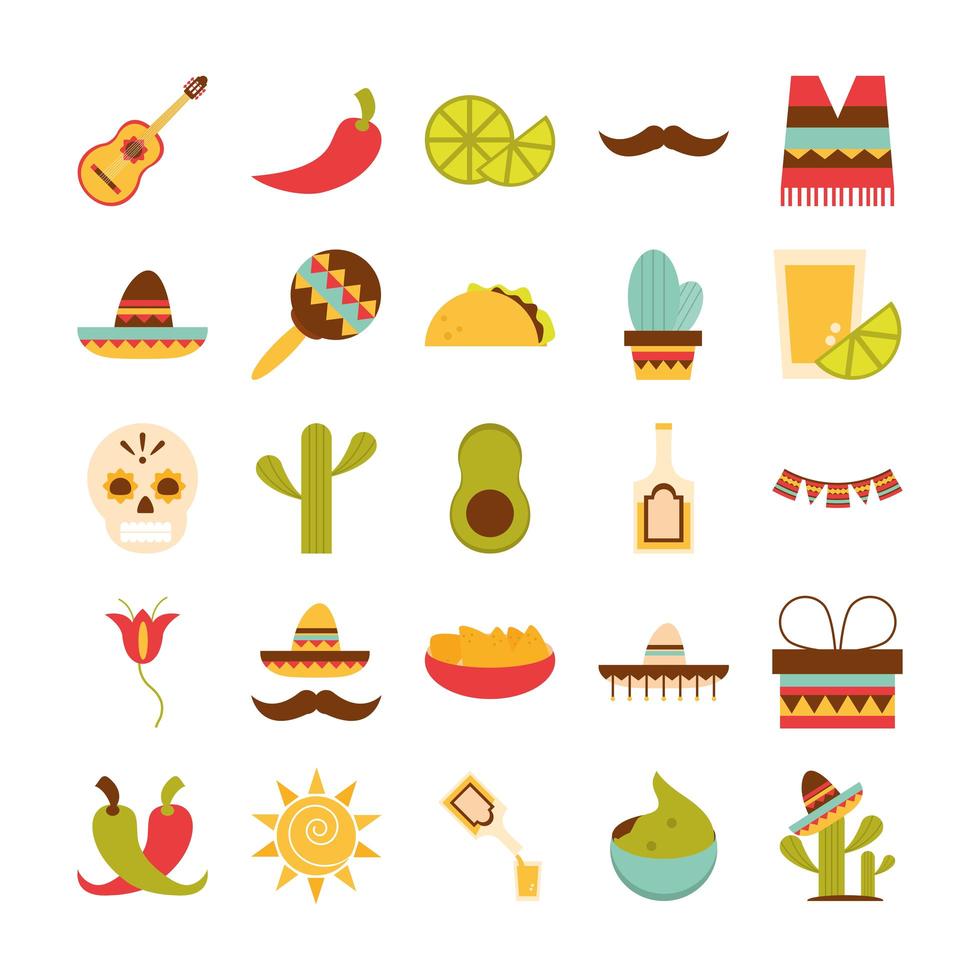 Conjunto de iconos mexicanos celebración de decoración de fiesta festiva diseño plano vector