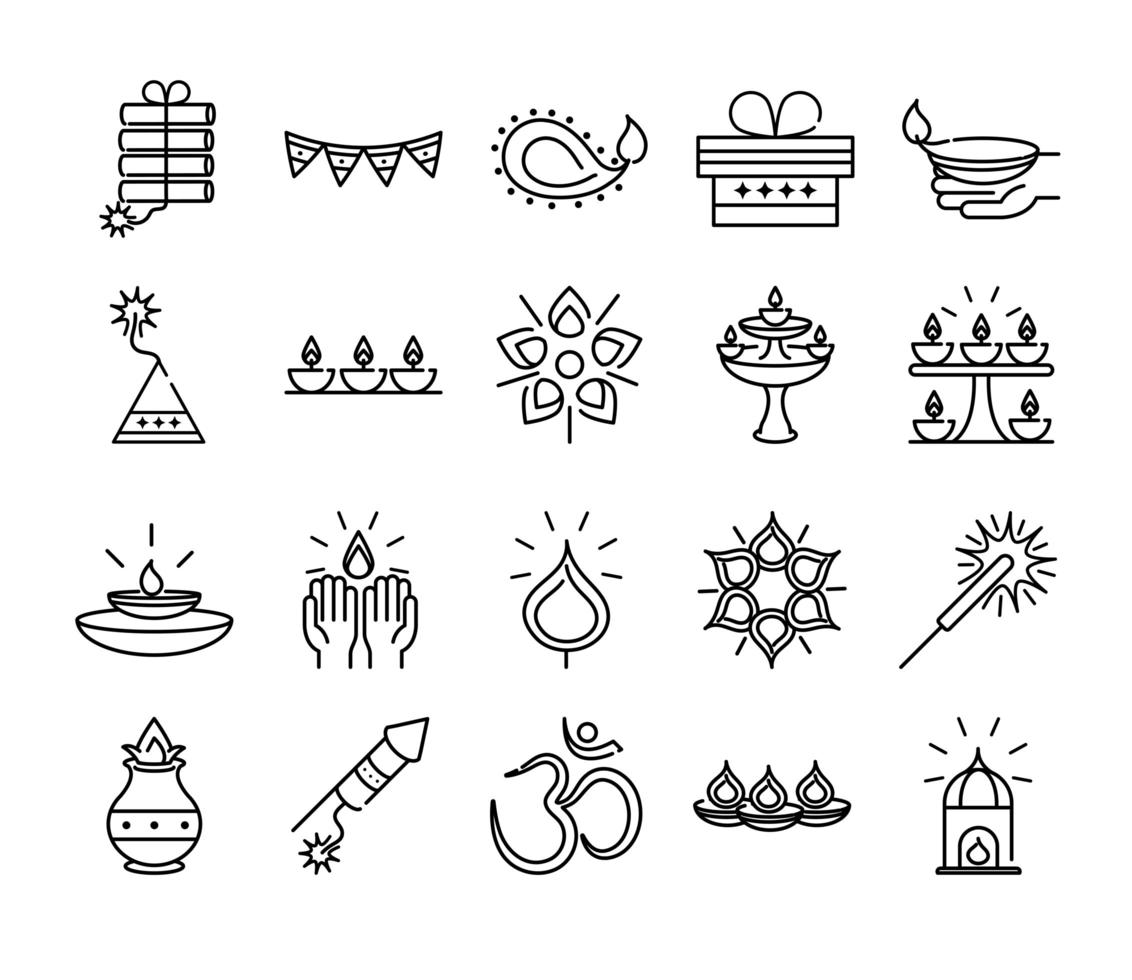 happy diwali india festival deepavali religion event cultural line style icons vector