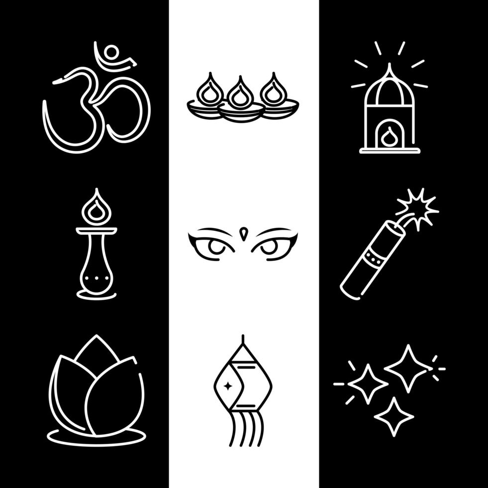 happy diwali india festival deepavali religion event line style icons set vector