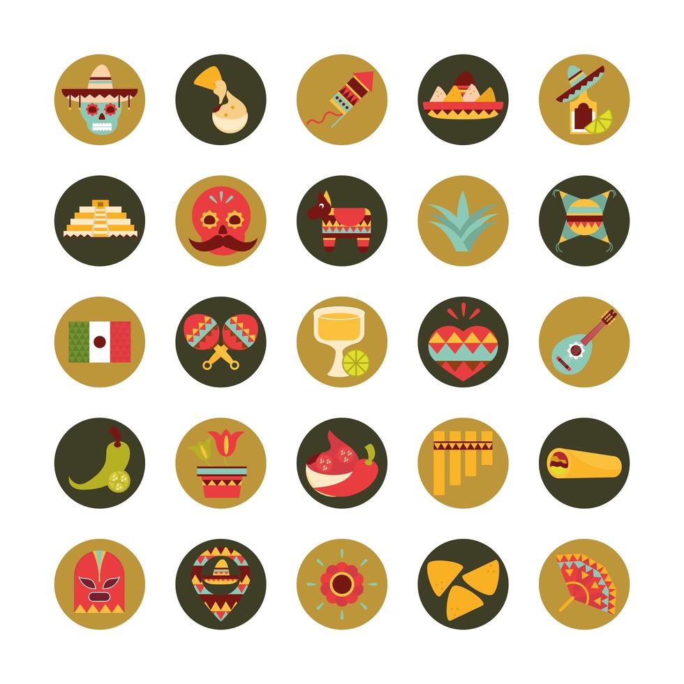 Conjunto de iconos mexicanos decoración celebración festiva calavera diseño plano tradicional vector