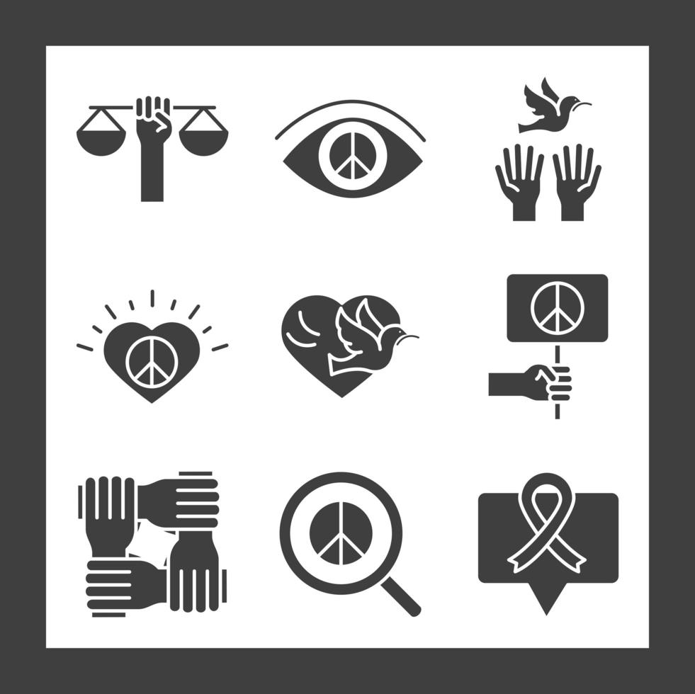 Los iconos de la línea del día de los derechos humanos establecen el diseño incluido la cinta del yin yang del corazón vector