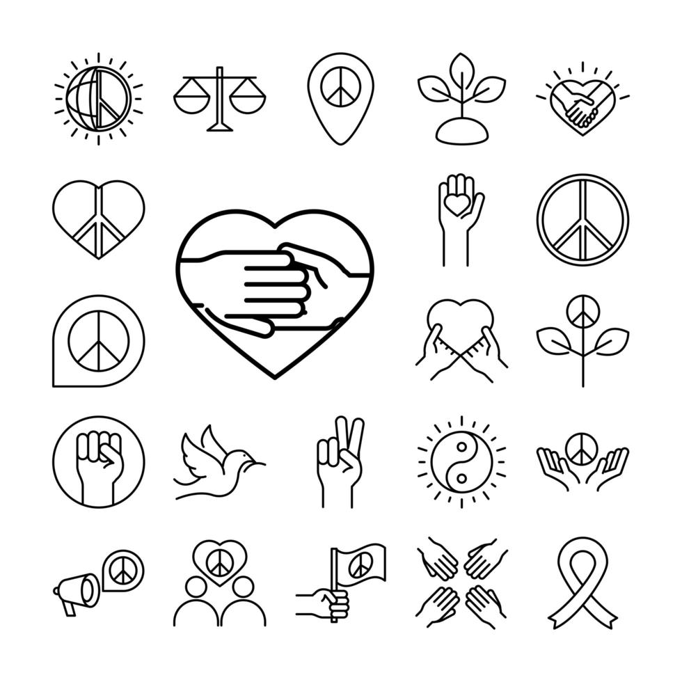 Los iconos de la línea del día de los derechos humanos establecen el diseño incluido la cinta del amor de la paz de la ley mundial vector