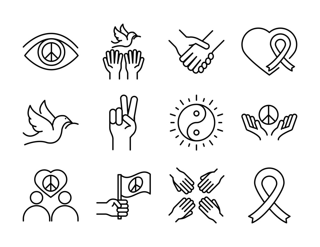 human rights day line icons set design included pigeon hands heart ribbon vector