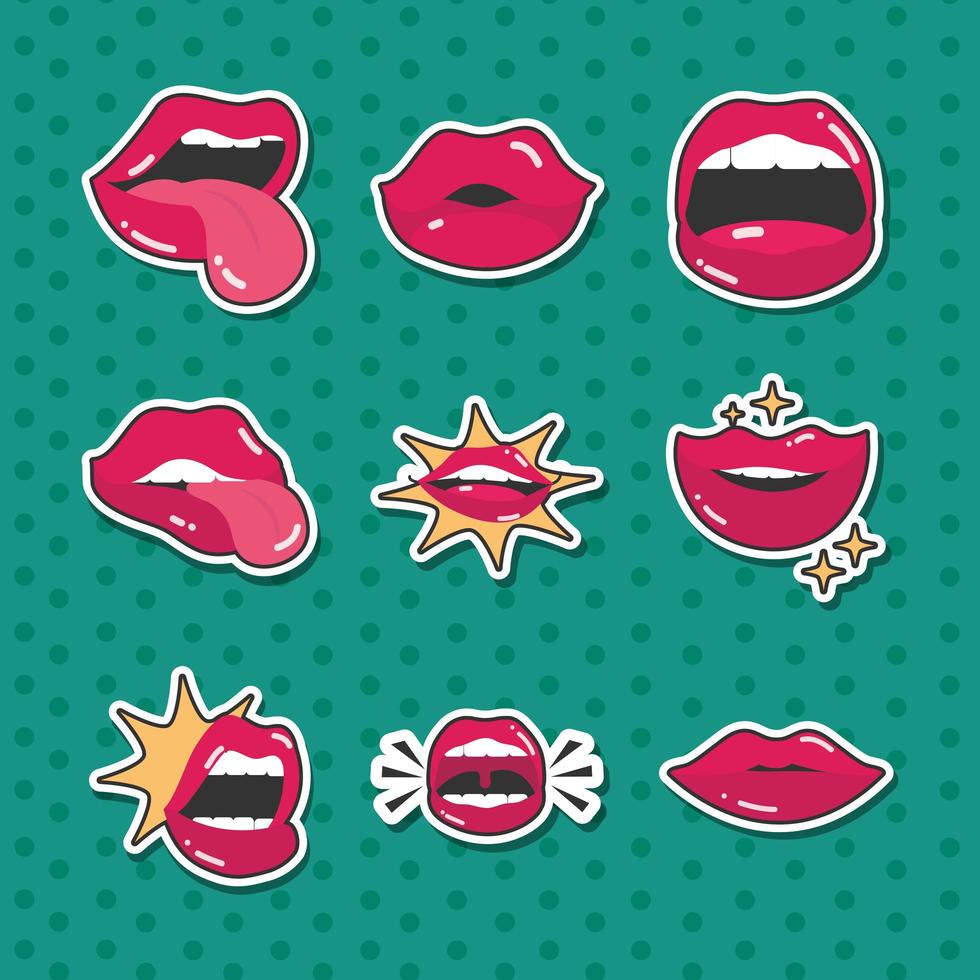 arte pop boca y labios mujer sexy labios rojos mojados con dientes establecer línea y llenar iconos fondo verde vector
