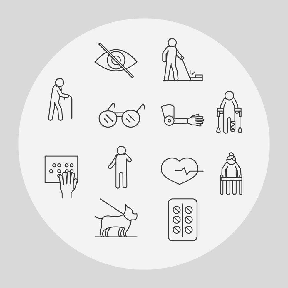 world disability day medical orthopedic and medicine equipment linear icons set design vector