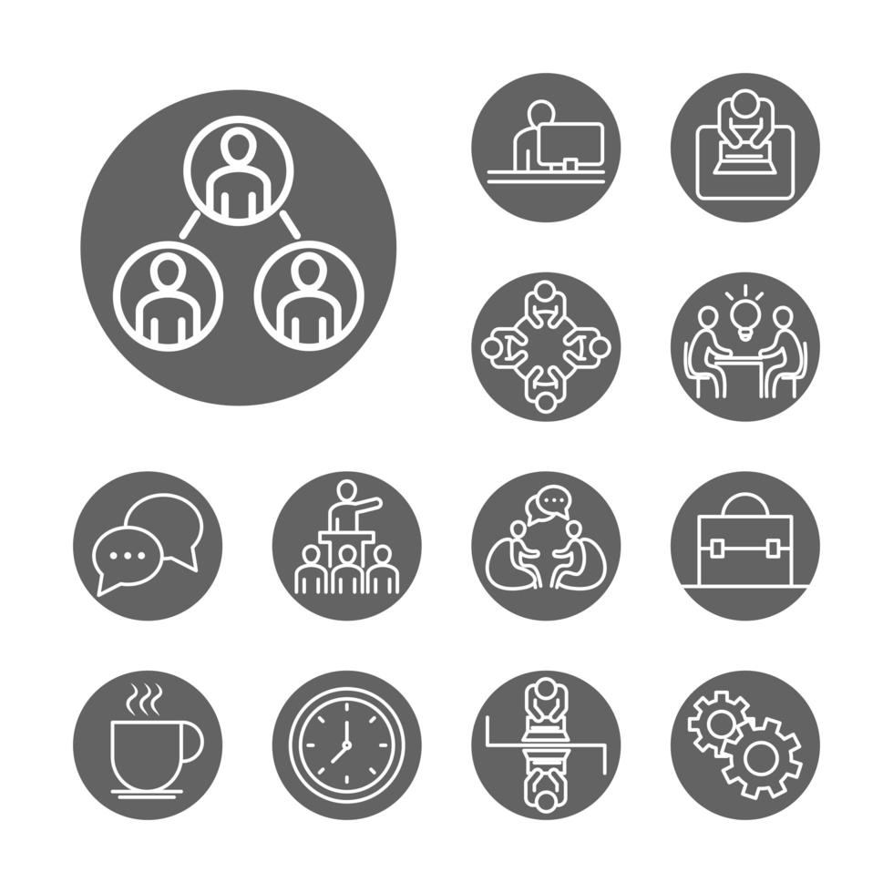 coworking office business workspace presentation laptop meeting line icons design vector