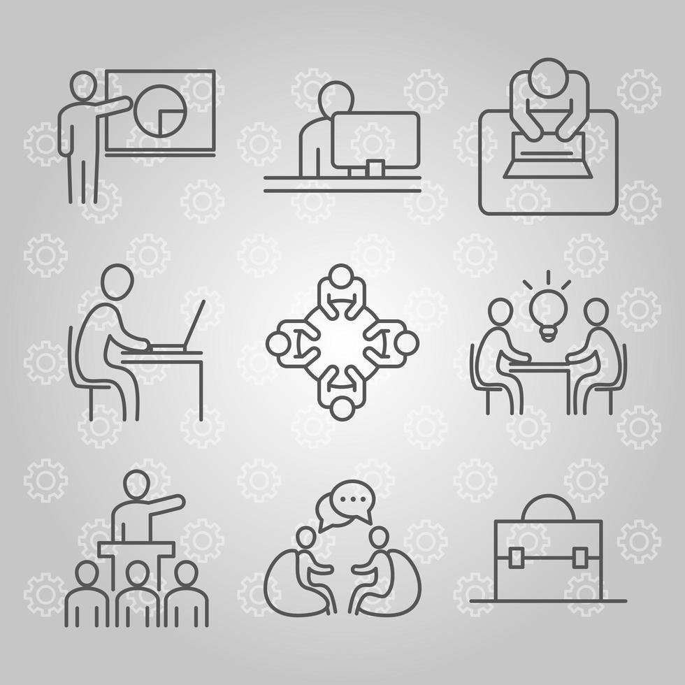 coworking office business workspace presentation laptop meeting line icons design vector