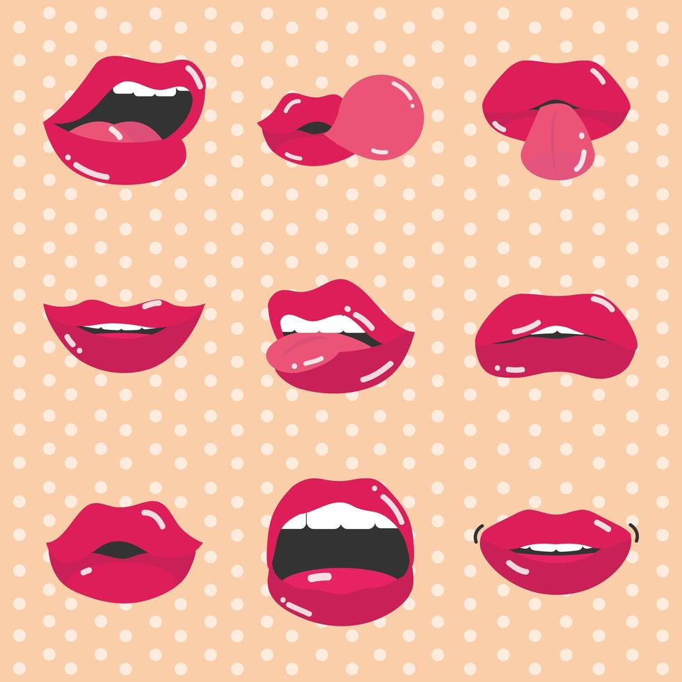 boca y labios de arte pop mujer sexy labios rojos mojados con dientes conjunto de diseño de icono plano fondo punteado vector