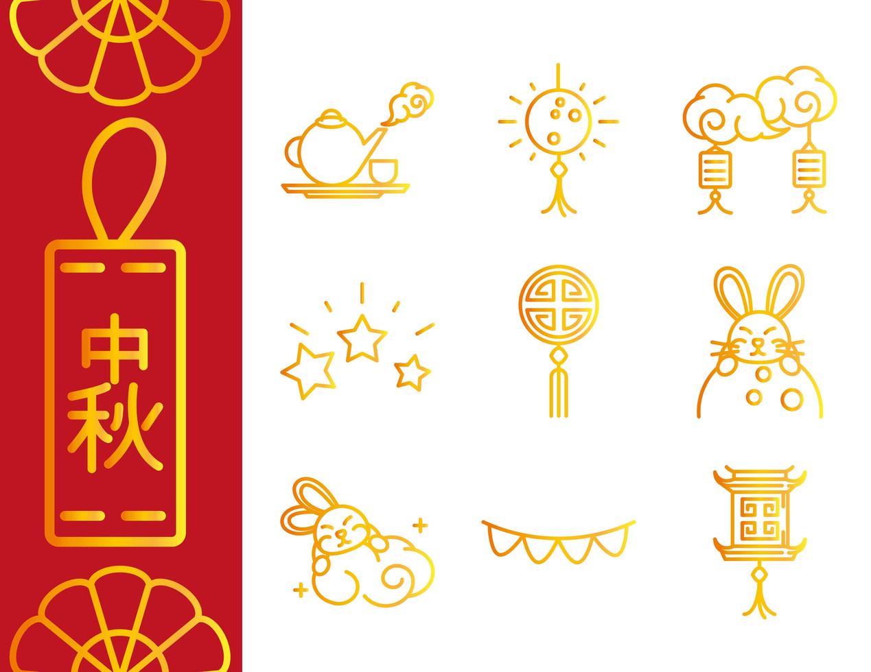 happy mid autumn festival chinese celebration traditional gradient style icons collection vector