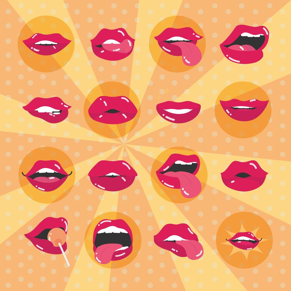 pop art women sexy mouth and lips sunburst background flat icon design vector