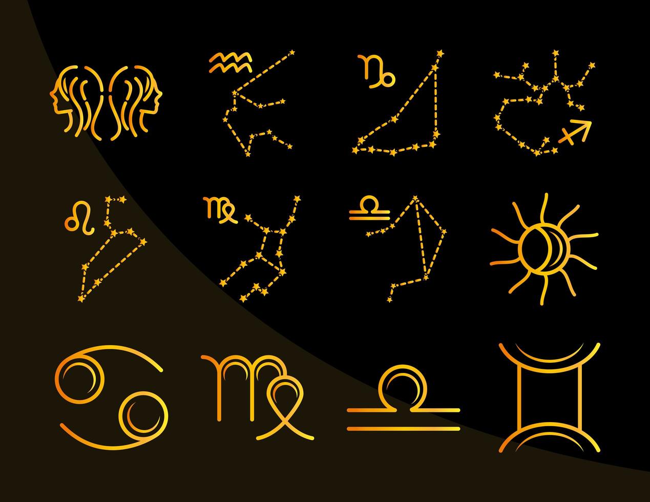 zodiac astrology horoscope calendar constellation gemini cancer leo virgo icons collection gradient style black background vector