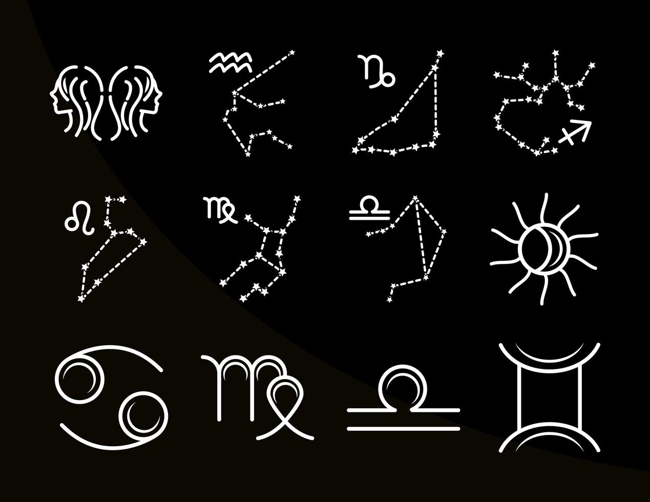 zodiac astrology horoscope calendar constellation gemini cancer leo virgo icons collection line style black background vector