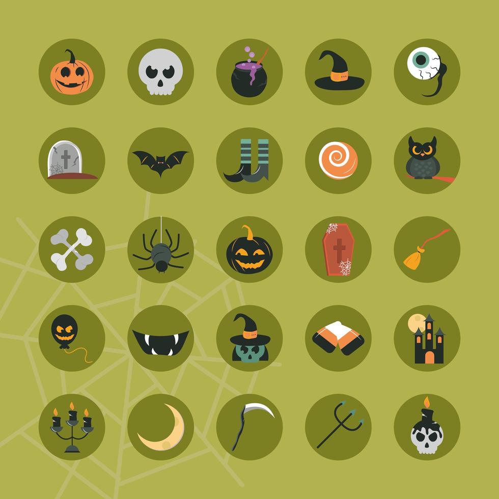 happy halloween trick or treat party celebration pumpkin skull hat ghost flat and block icons set vector