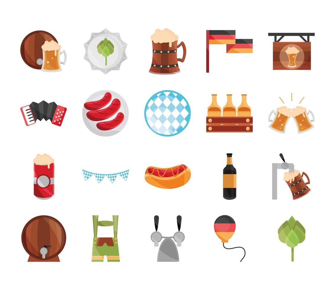 Oktoberfest, celebración del festival de la cerveza, diseño de conjunto de iconos planos tradicionales alemanes vector