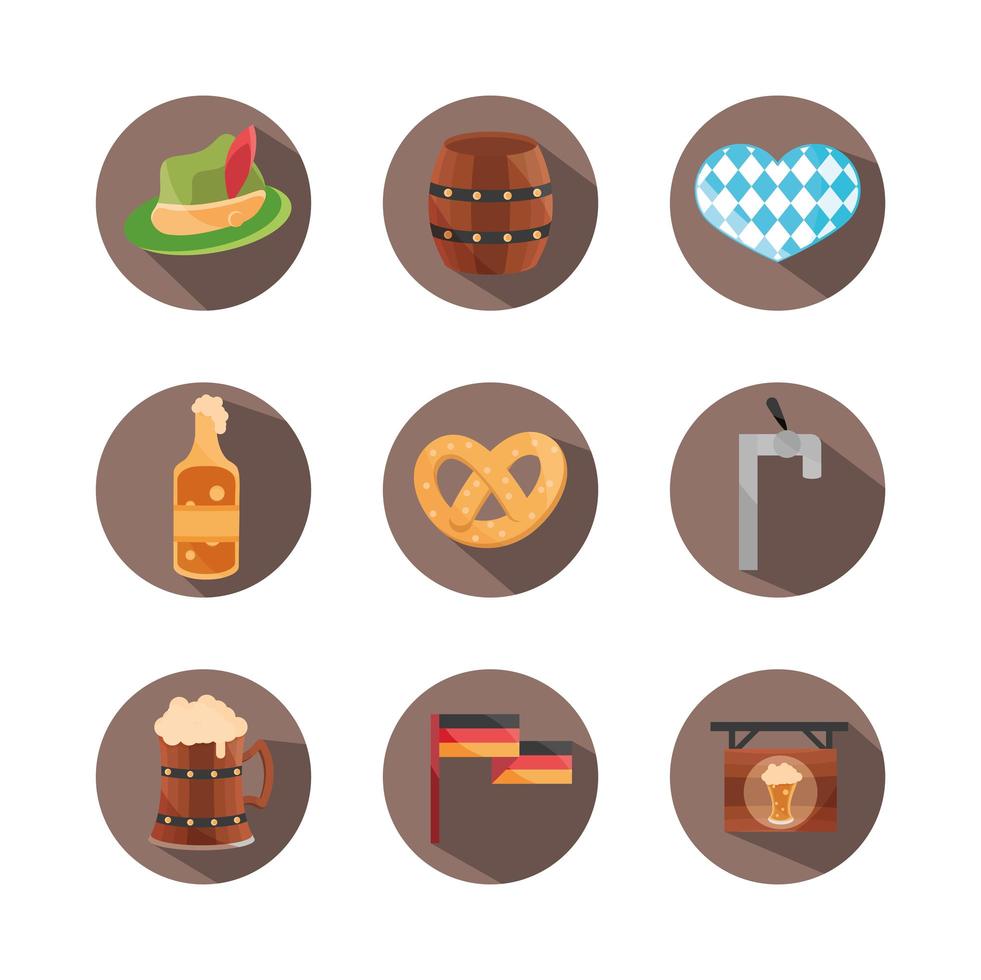 Oktoberfest, celebración del festival de la cerveza, conjunto de iconos planos de bloque tradicional alemán vector