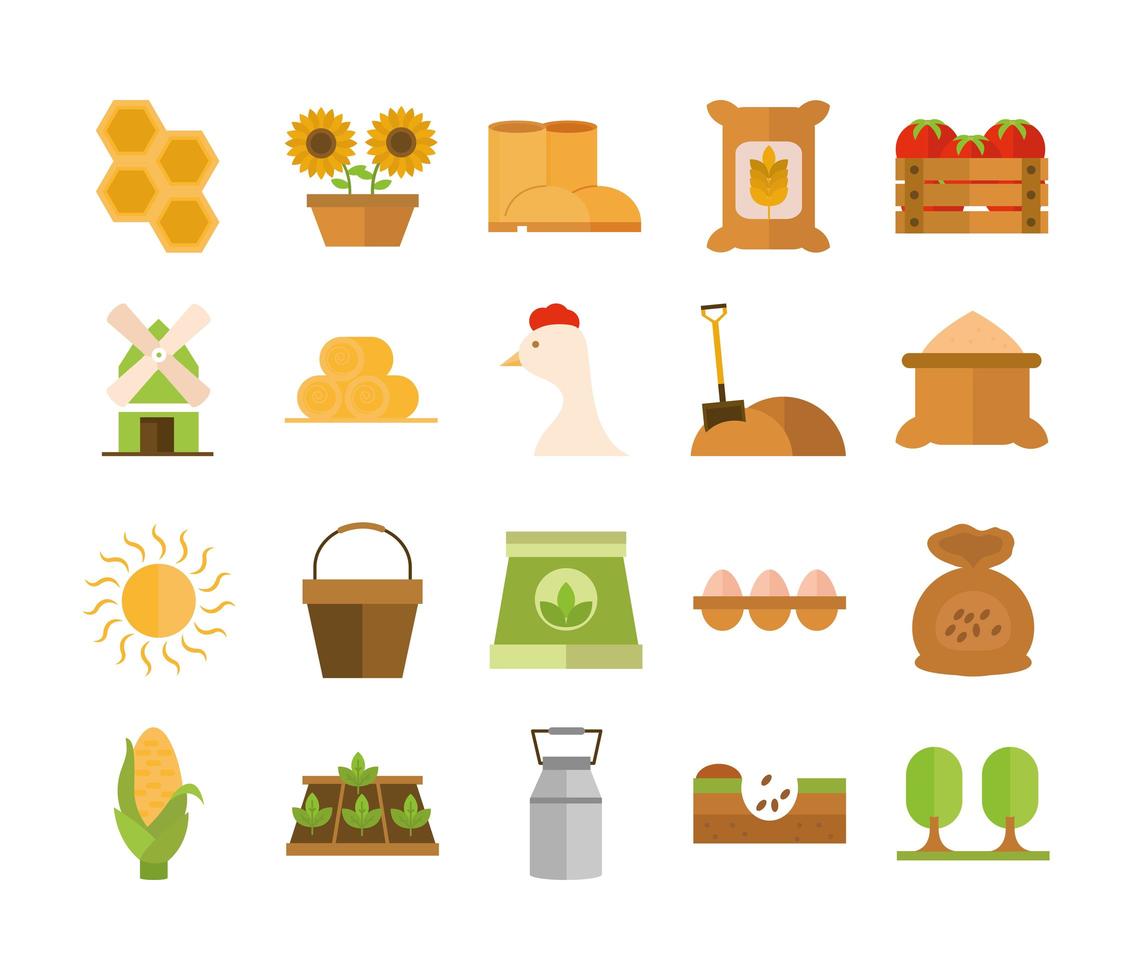 estilo de icono plano de dibujos animados de granja de equipo de trabajo agrícola vector