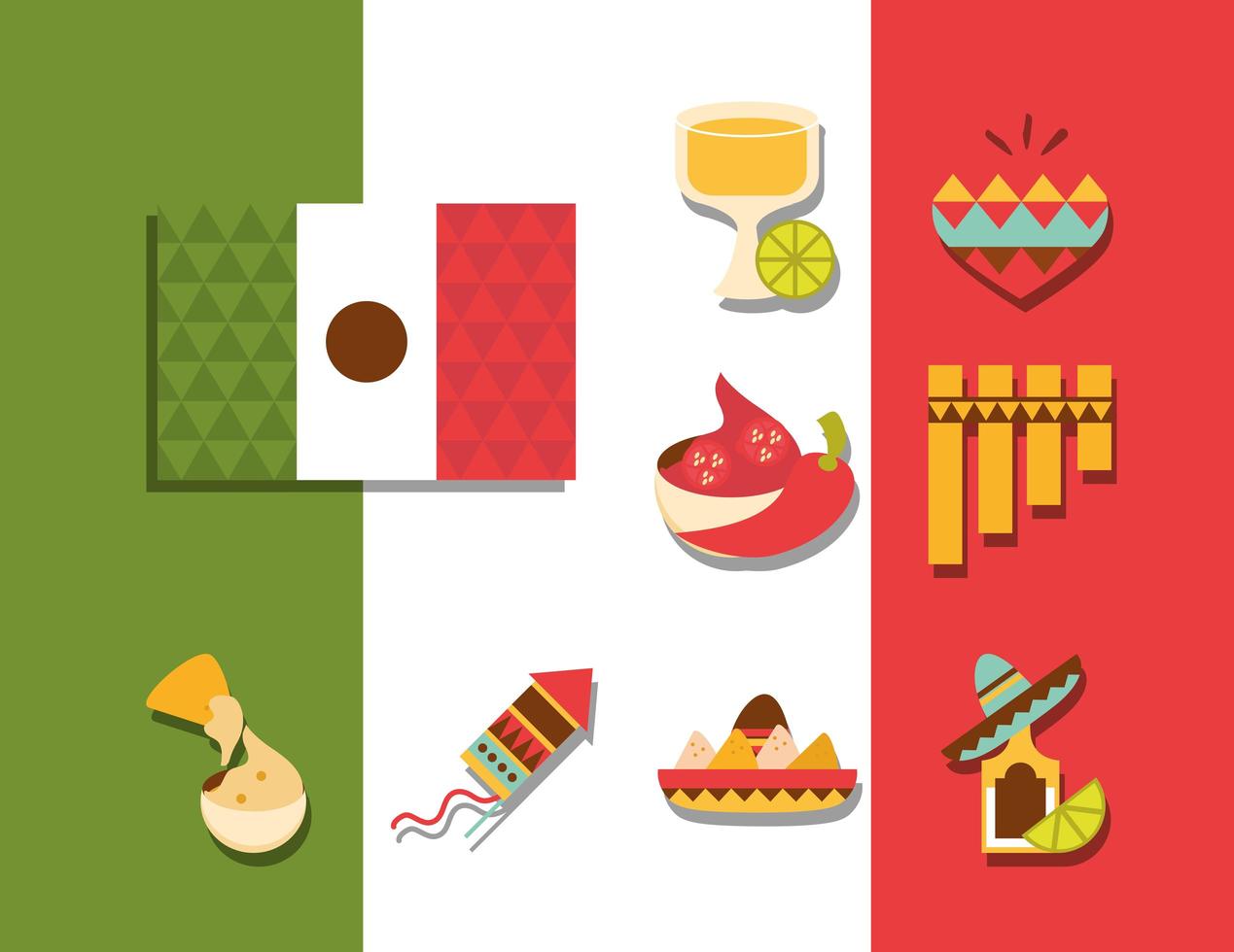 Conjunto de iconos mexicanos decoración celebración festiva bandera nacional diseño plano vector