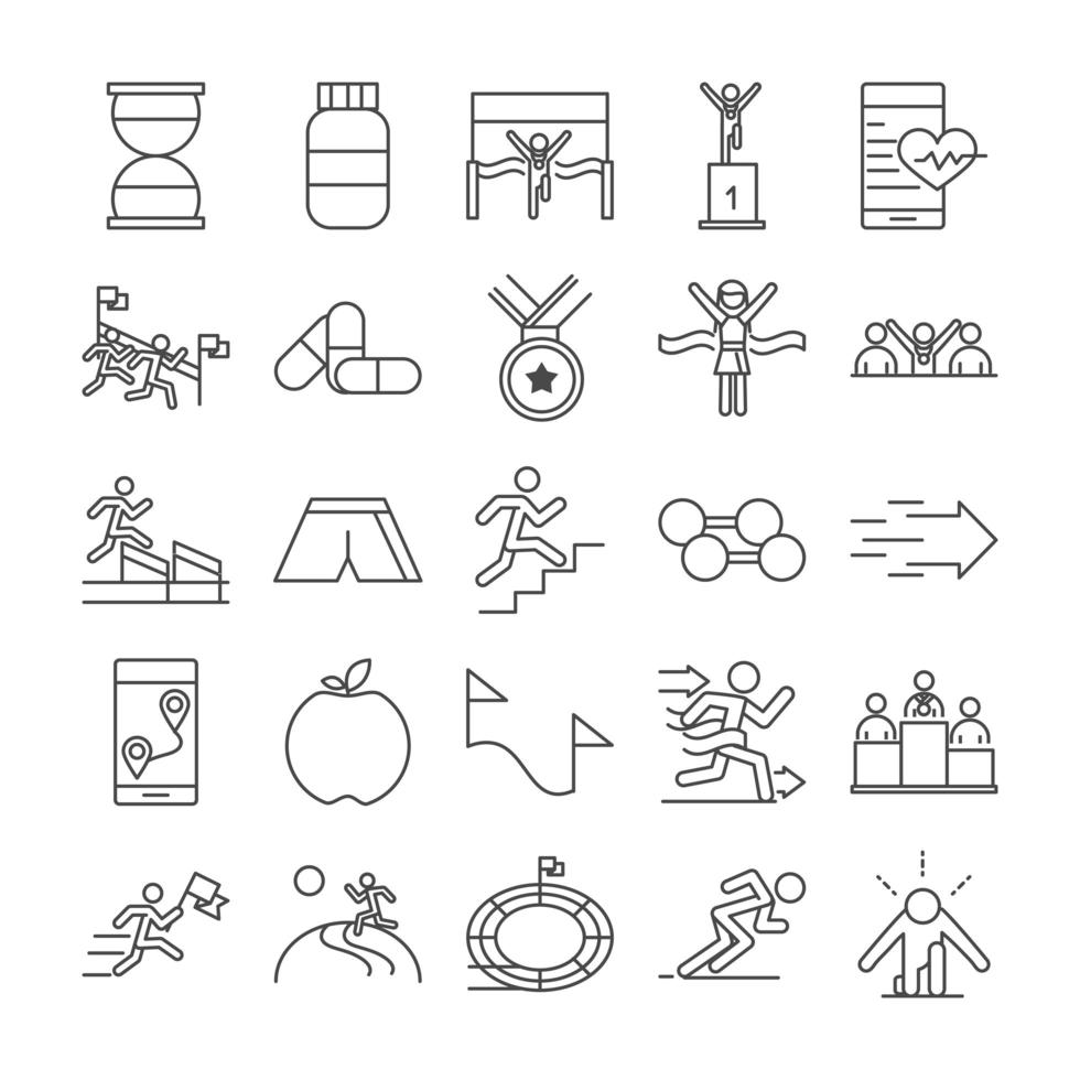 running sport race clock protein medal barbell apple stadium people line icons set design vector