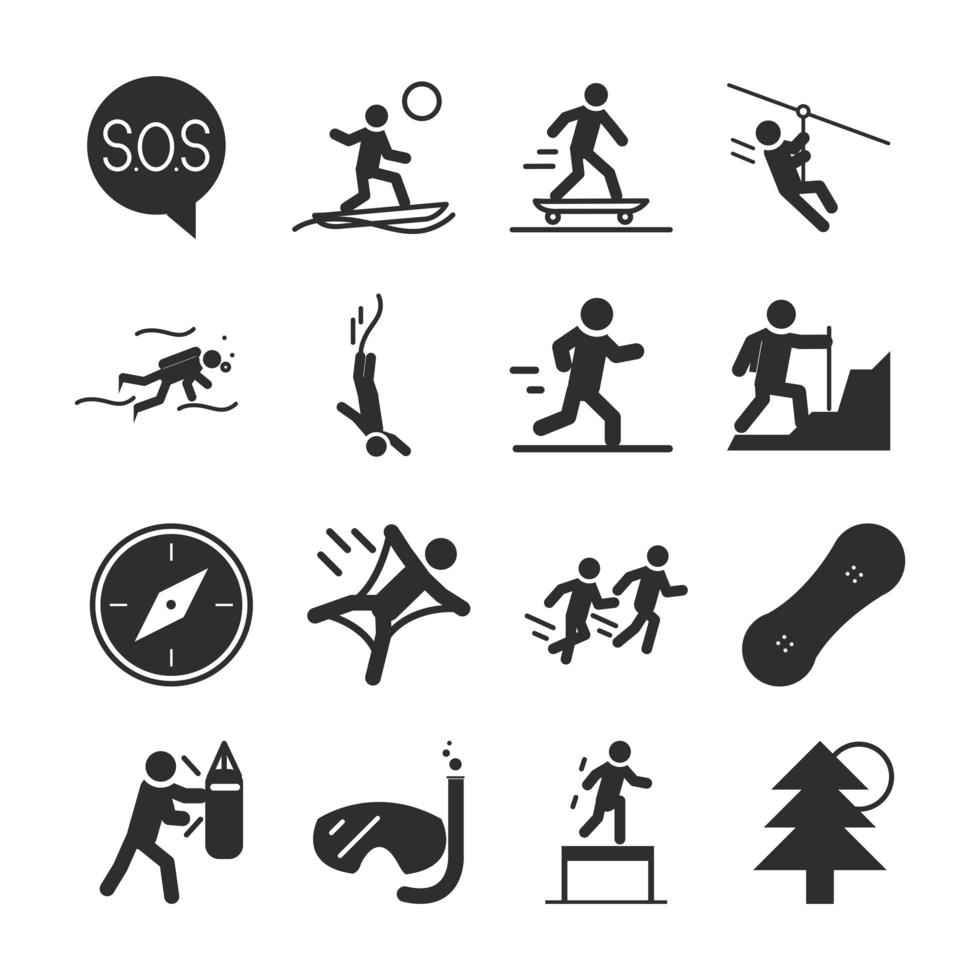 deporte extremo, estilo de vida activo, corredor de buceo, skate, boxeo, silueta, iconos, diseño vector