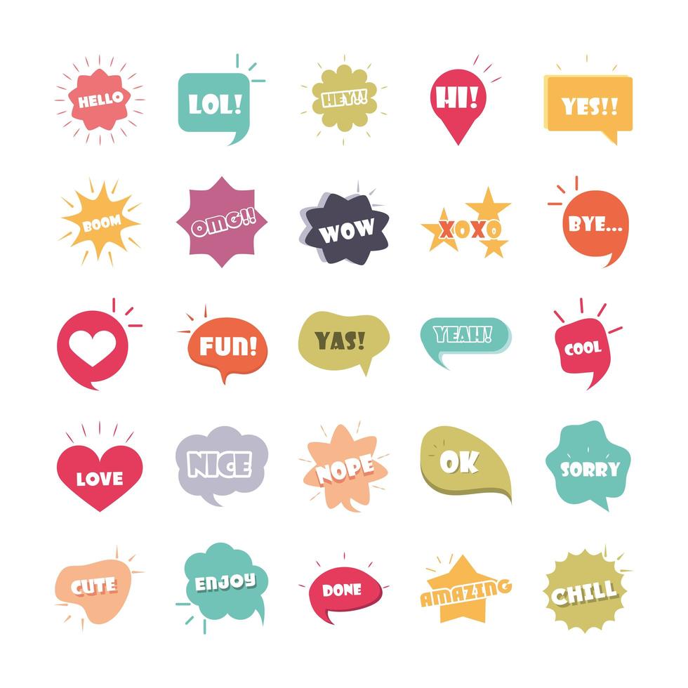 slang bubbles different words and phrases in multicolor cartoon hello omg enjoy love flat icons set vector