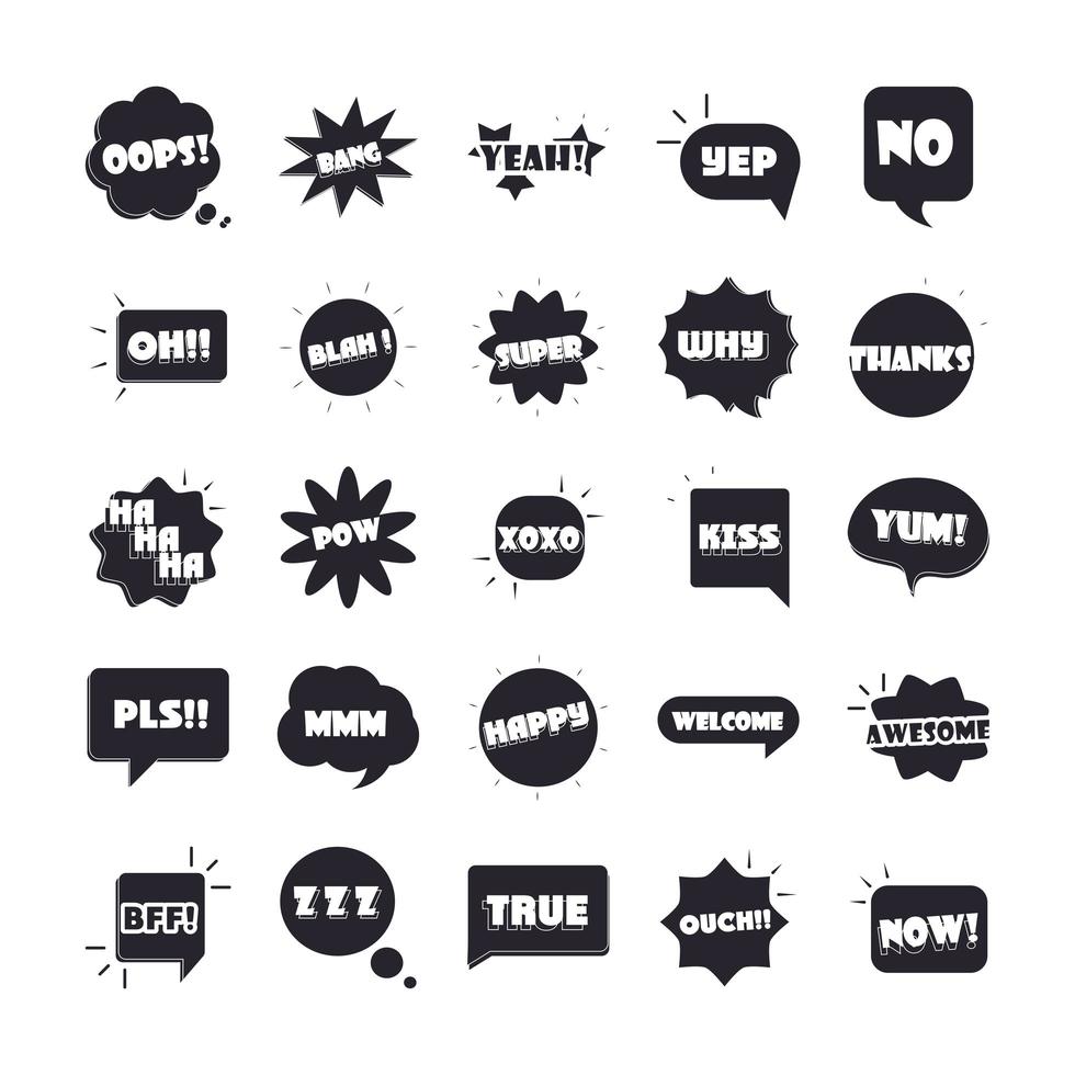 slang bubbles different words and phrases in multicolor cartoon kiss super true happy flat icons set vector