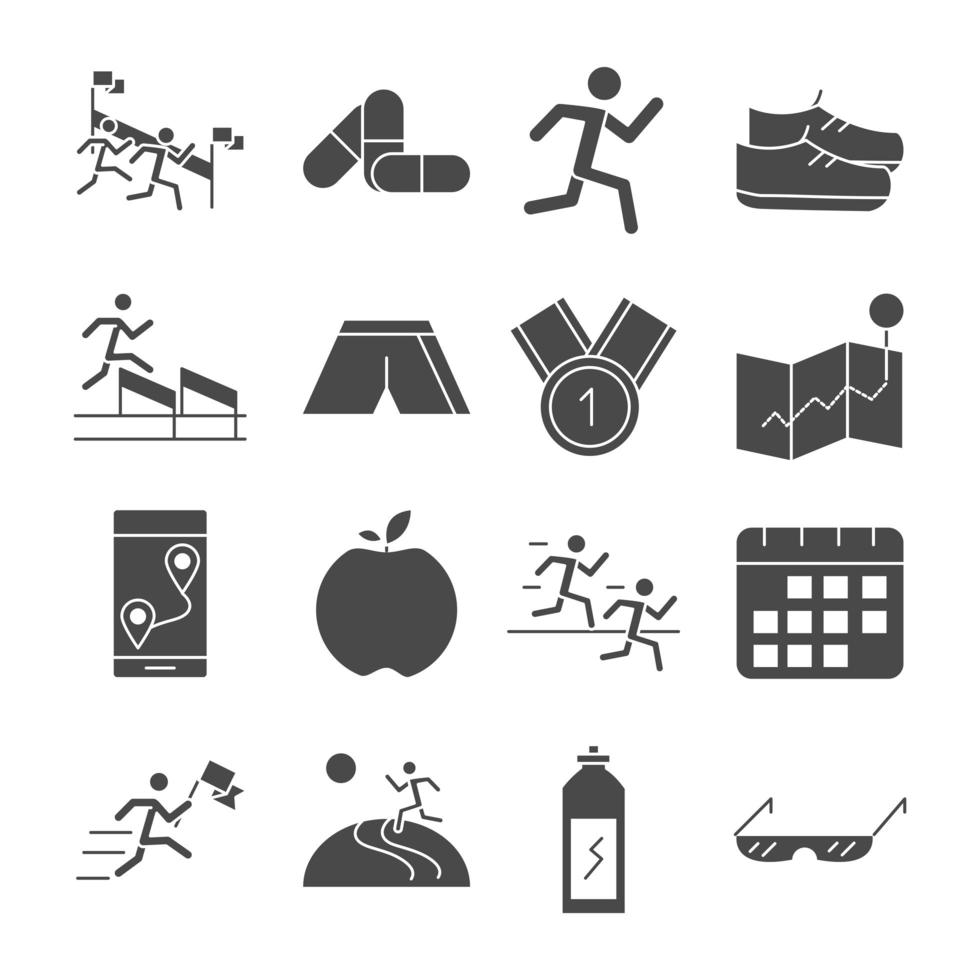 running sport race map flag mountains trophy apple barbell line icons set design vector
