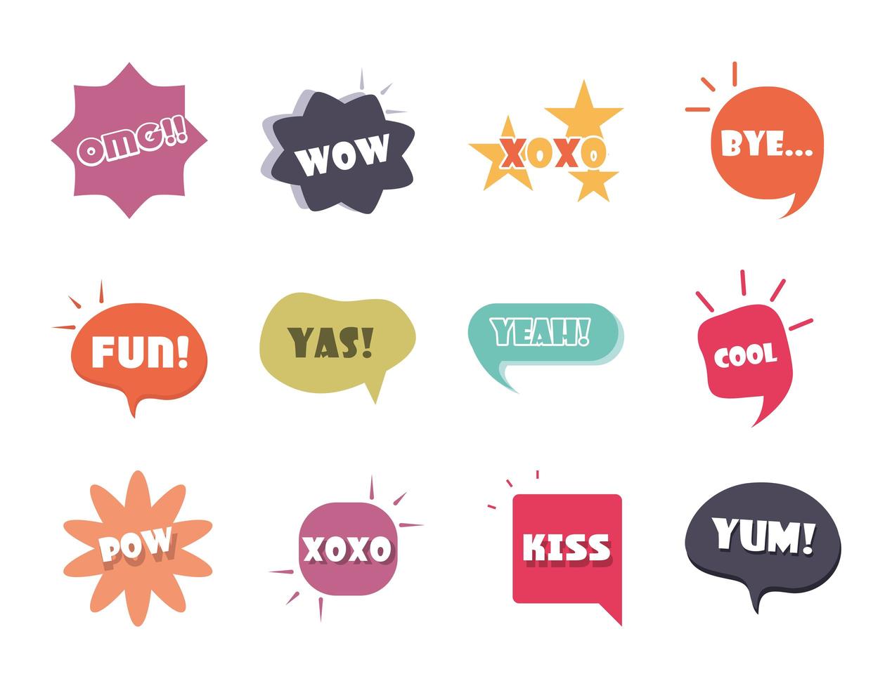 slang bubbles different words and phrases in multicolor cartoon omg kiss bye flat icons set vector