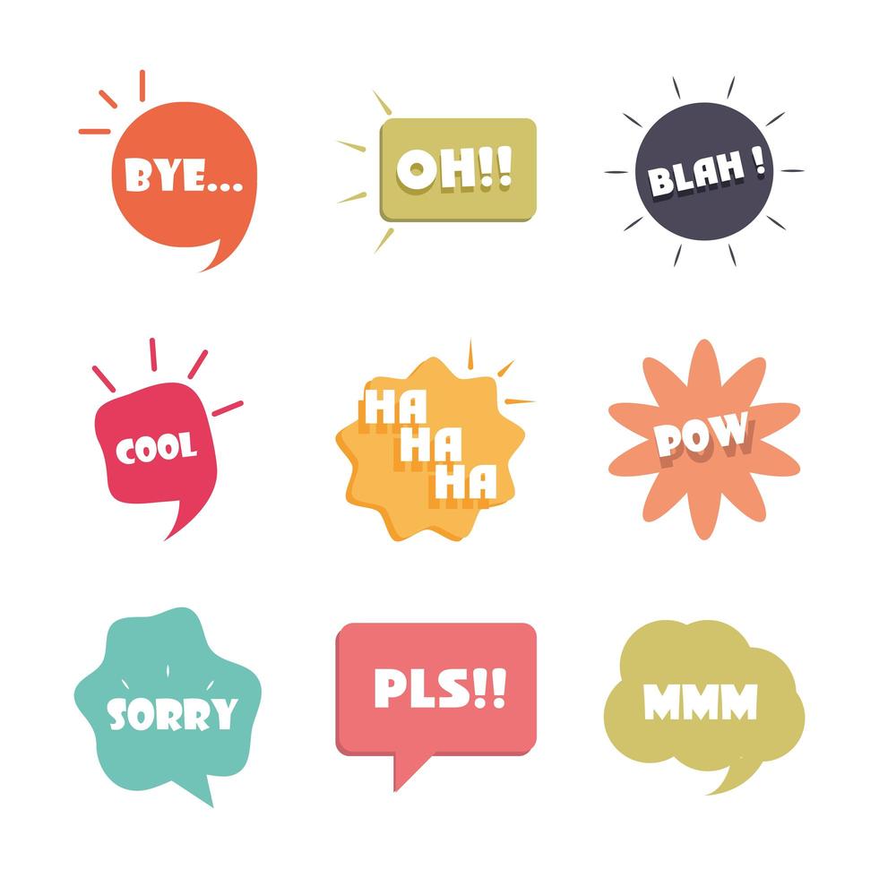 slang bubbles different words and phrases in multicolor cartoon bye pls sorry flat icons set vector