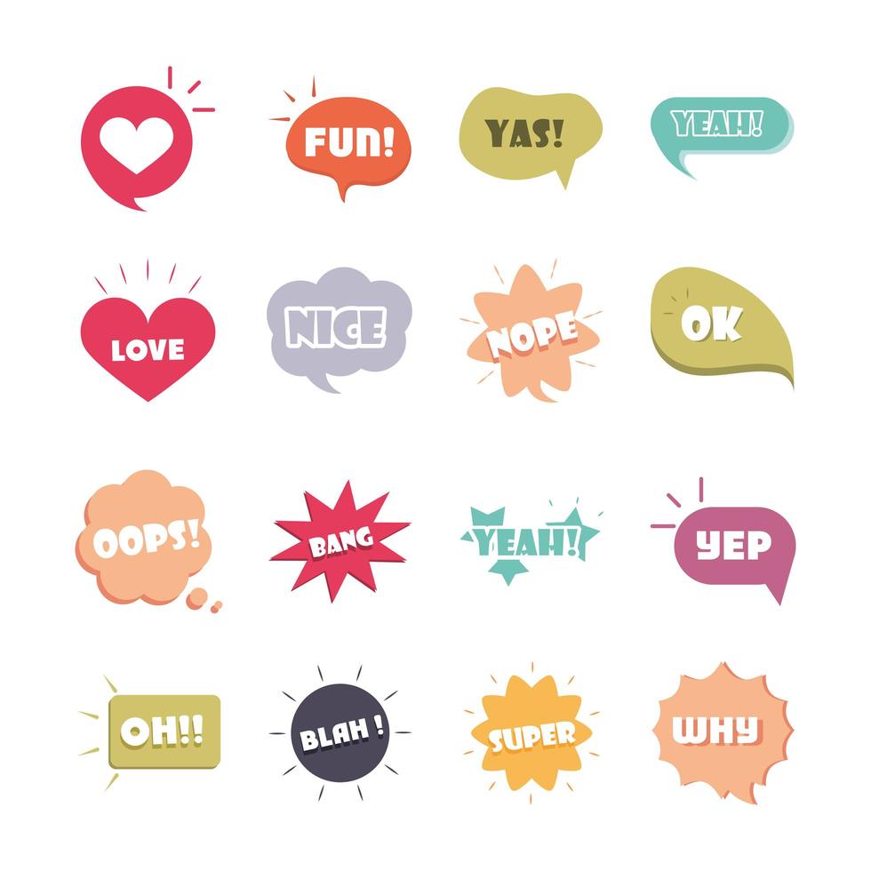 slang bubbles different words and phrases in multicolor cartoon love nice super flat icons set vector