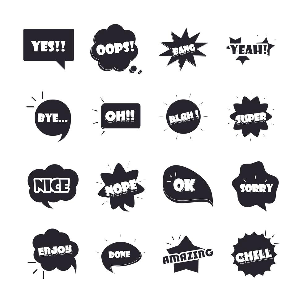 slang bubbles different words and phrases in multicolor cartoon love nice super flat icons set vector