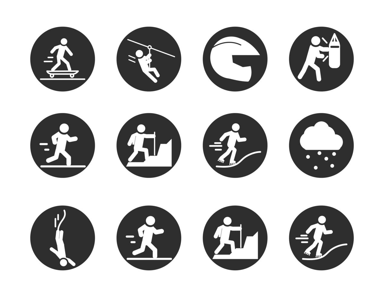 extreme sport active lifestyle skater runner climbing surf block and flat icons set vector