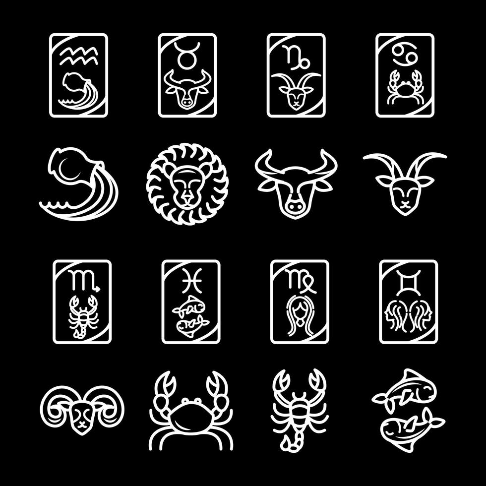zodíaco astrología horóscopo calendario constelación acuario leo escorpio virgo tauro colección de iconos estilo de línea fondo negro vector