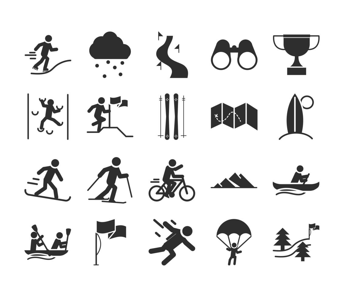 extreme sport active lifestyle snowborder ski runner paraglider silhouette icons set design vector