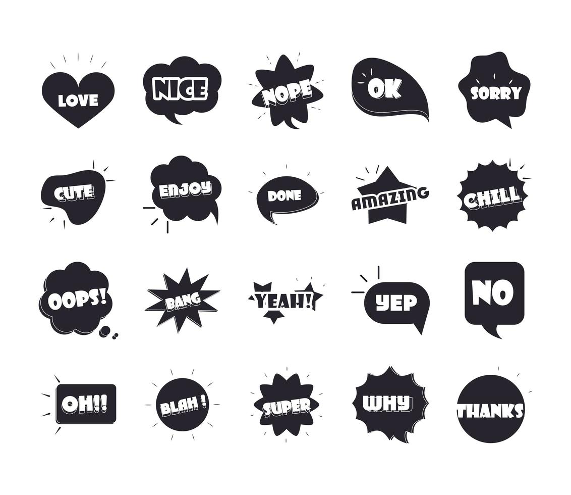 Burbujas de jerga diferentes palabras y frases en dibujos animados multicolores amor super gracias conjunto de iconos planos vector